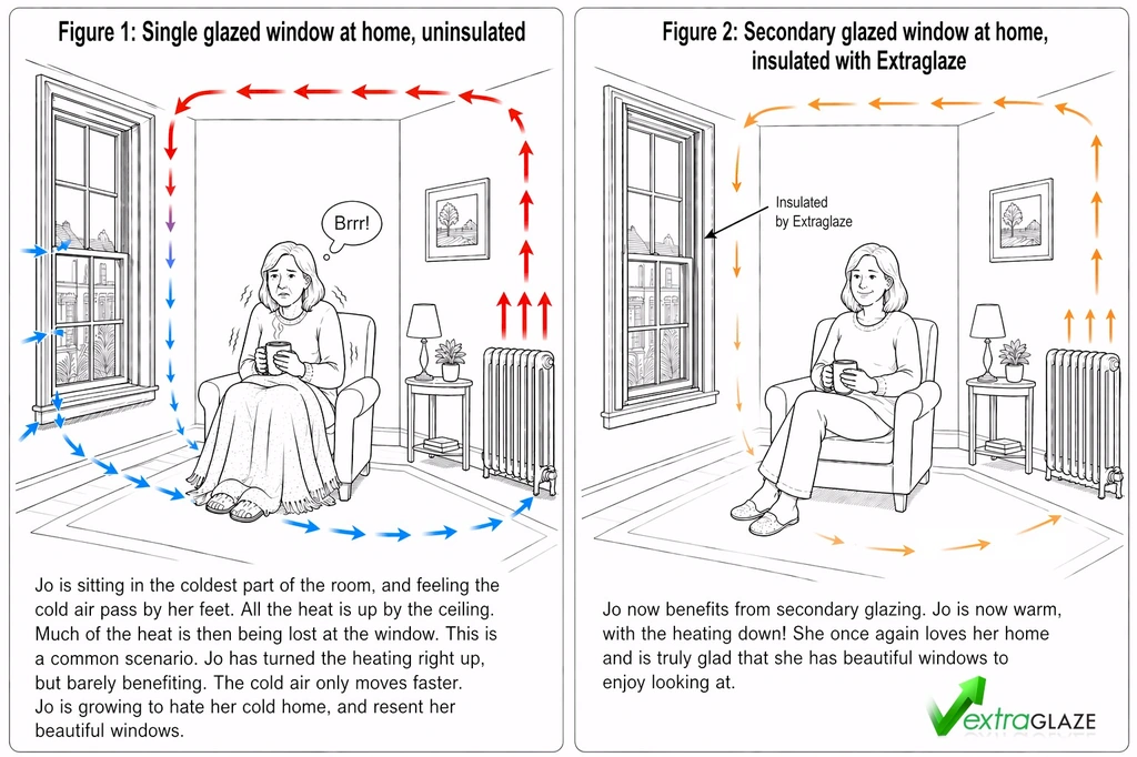 Cold day scenario 1 before and after secondary glazing illustration