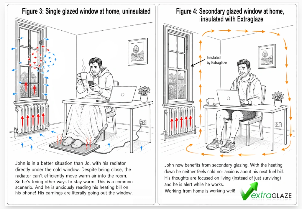 Cold day scenario 2 before and after secondary glazing illustration